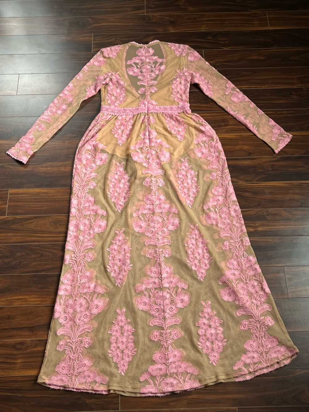 For Love & Lemons Temecula Maxi Dress, Dusty Rose and Nude Long Sleeve Lace, L - Picture 3 of 7